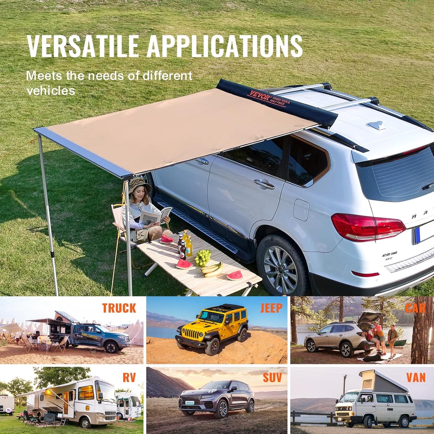 Vehicle Awning 4.6'X6.6' Roof Rack Pull-Out Sun Shade UV50+ Pu3000Mm, Retractable Weatherproof 4X4 Side Awning for SUV Outdoor Camping & Overland (Hardware Included), W/Waterproof Storage Bag